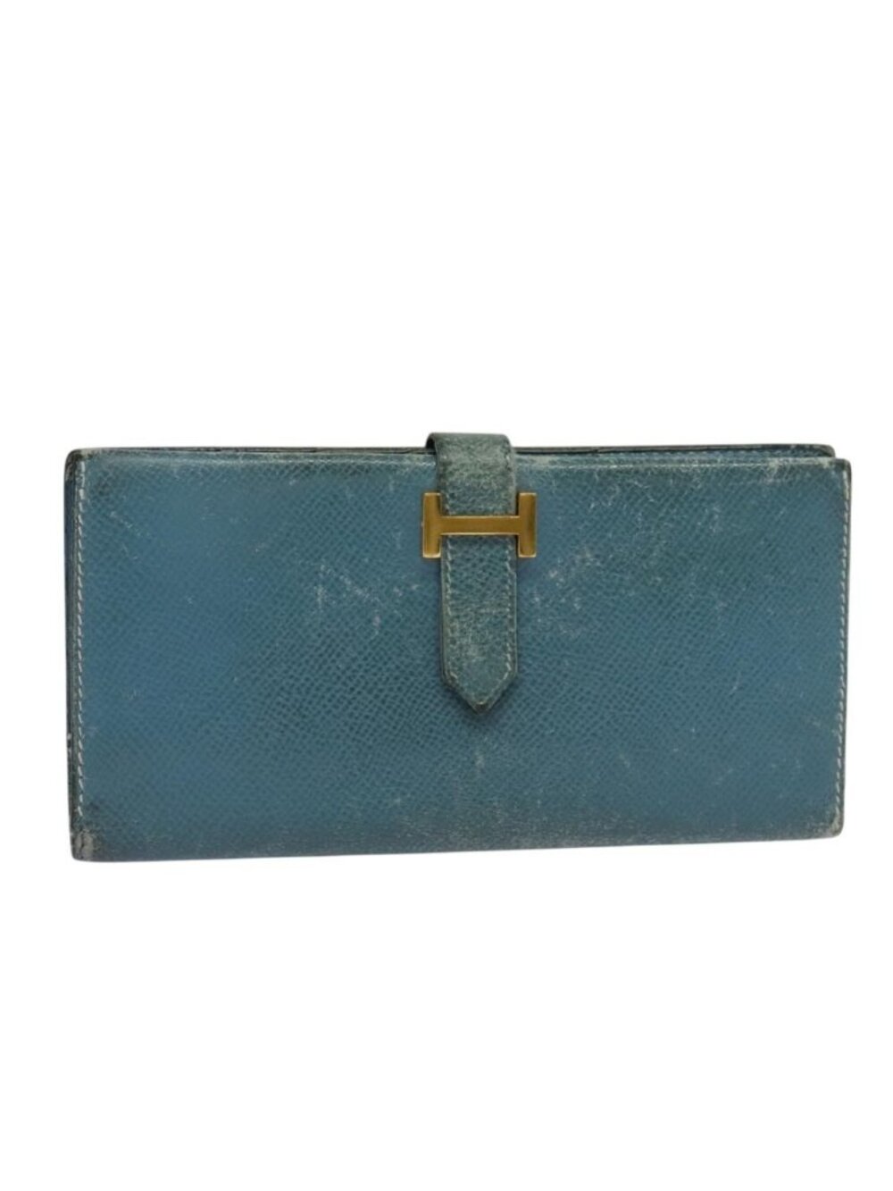 HERMES Bean Long Wallet Leather Blue